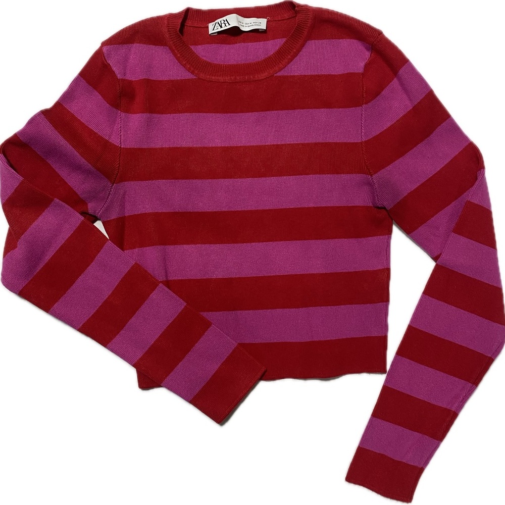 Zara Red & Pink Striped cropped Crewneck Sweater size M
